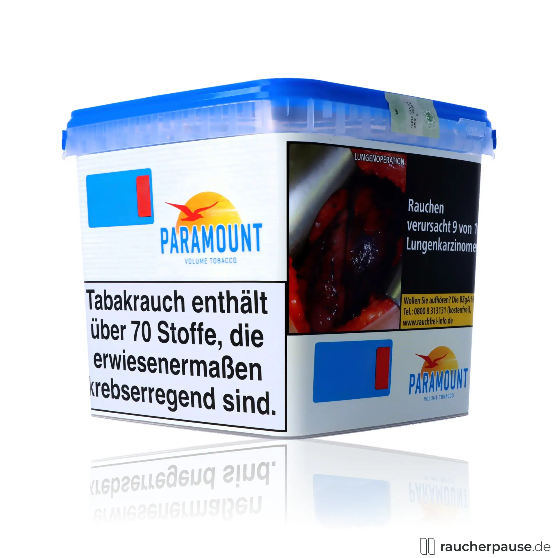 Paramount Tabak Blau in quadratischer Dose mit blau-weißem Design und stilisiertem Vogel-Logo vor Sonnenaufgang, 220g Giga Box, American Blend.