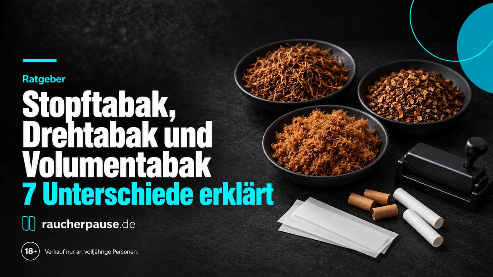 Ratgebergrafik „Stopftabak, Drehtabak und Volumentabak – 7 Unterschiede erklärt“ mit drei Schalen Tabak, Zigarettenpapier, Filterhülsen und einer Stopfmaschine.