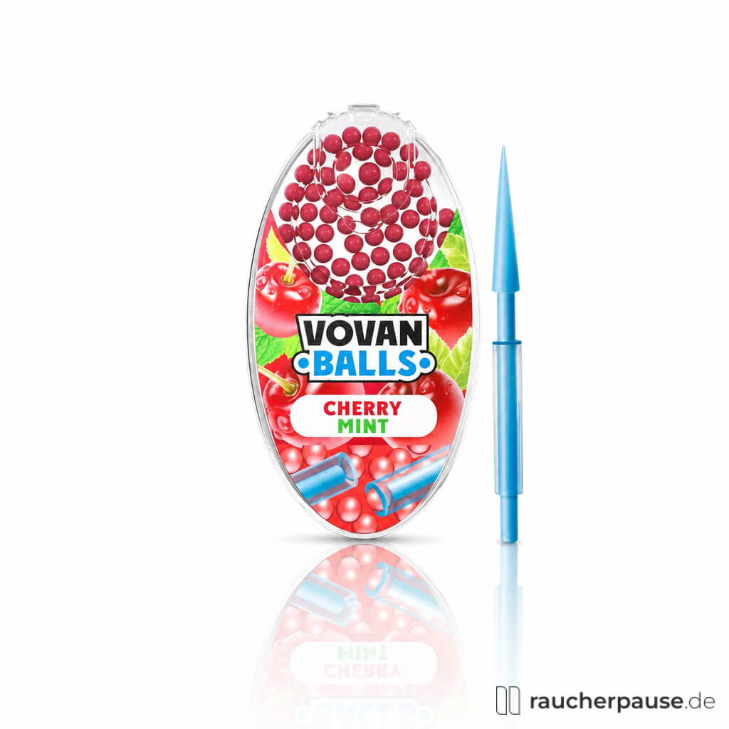 Vovan Balls Aromakapseln Cherry Mint, 100 Stück, in ovaler transparenter Verpackung mit roten Kugeln und blauem Stab auf weißem Hintergrund.