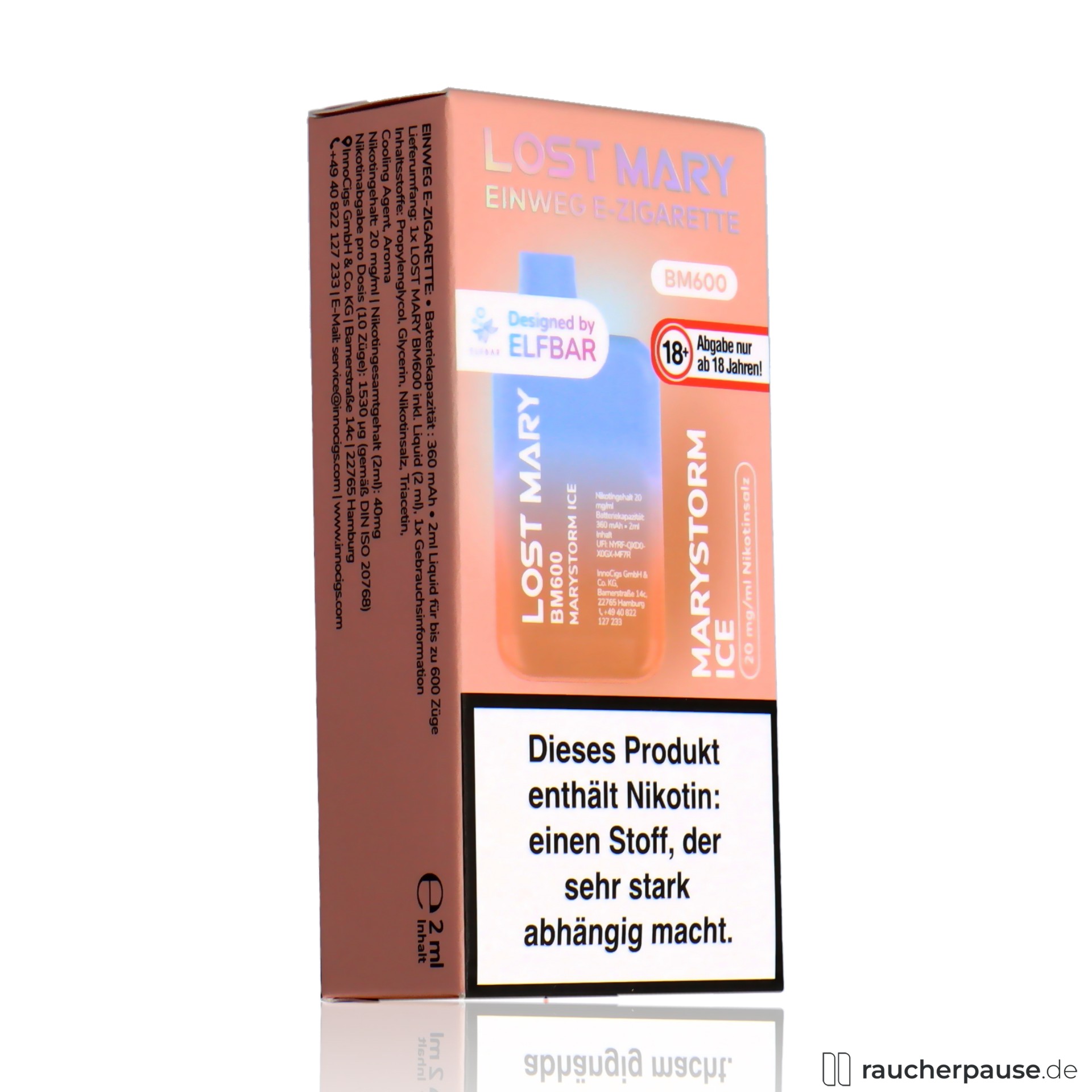 lost mary, lost mary einweg e zigarette marygy ice ml nikotin zuege, packshot hinterseite