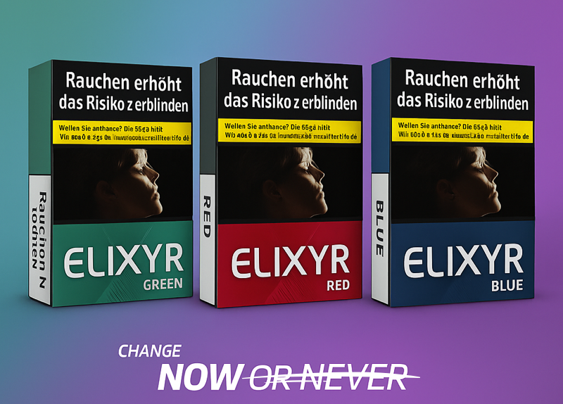 Elixyr Tabak mit Slogan "Change Now or Never"