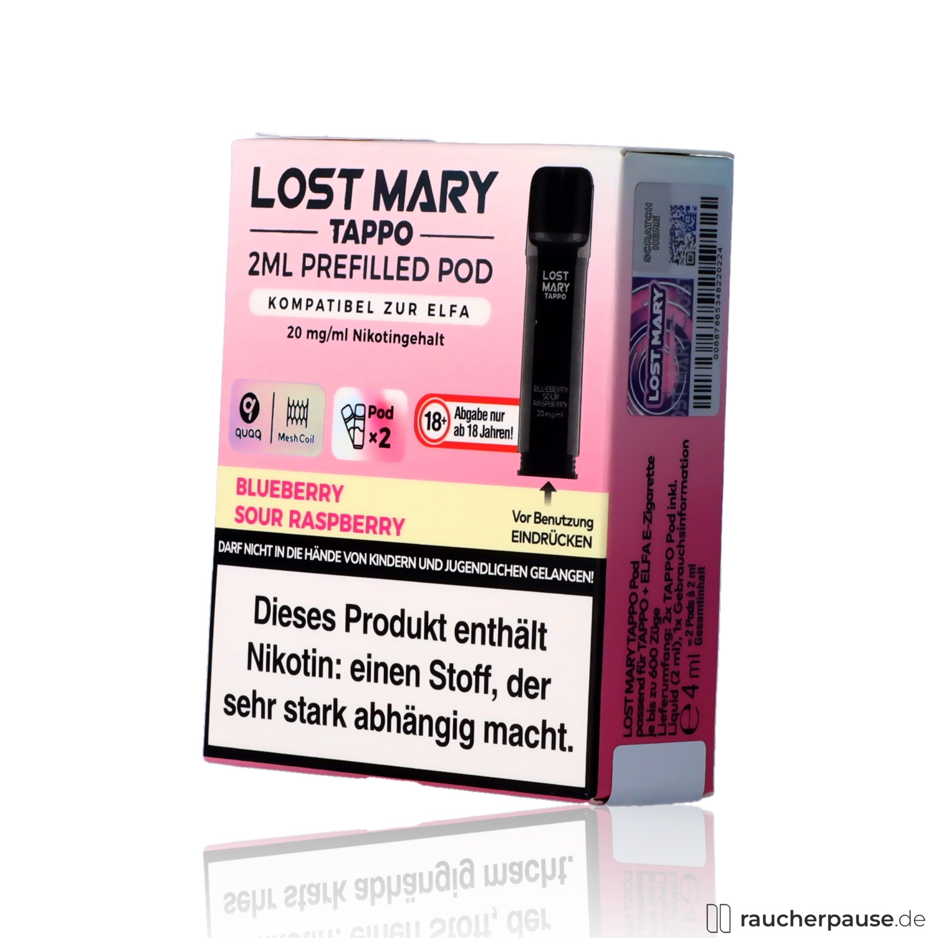 lost mary, lost mary tappo blueberry sour raspberry prefilled pods quaq mesh coil blaubeere himbeere , packshot hinterseite