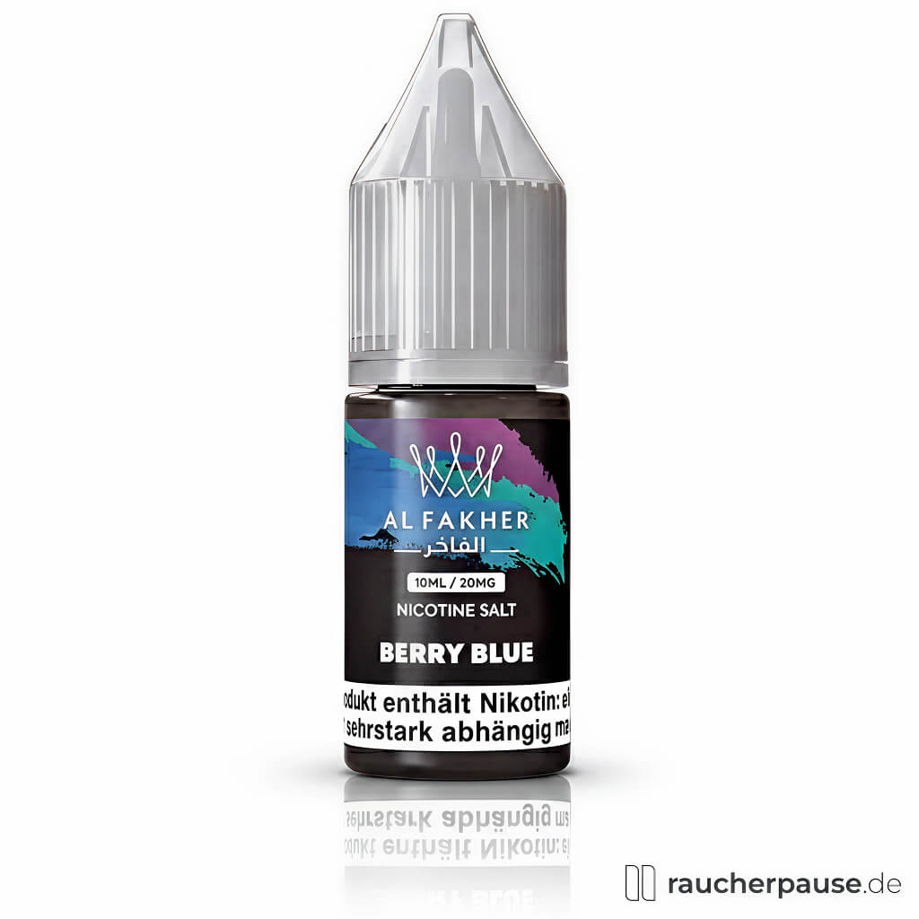 Al Fakher Berry Blue Nikotinsalz E-Liquid 20mg/ml in schwarzer, glänzender Flasche mit transparentem Deckel und stilisiertem silbernen 'W'-Logo auf violettblauem Hintergrund.