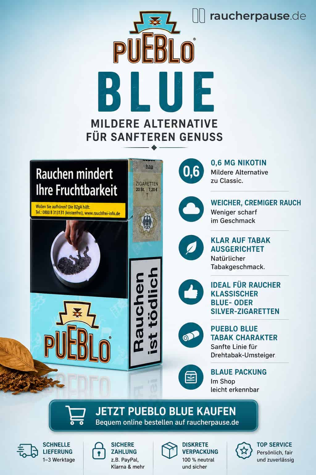 Pueblo Blue Zigaretten kaufen – milde Alternative mit weichem Rauch und ohne Zusatzstoffe