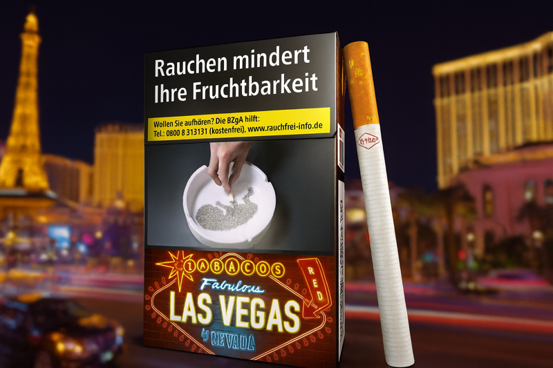 Las Vegas Zigaretten Packung vor dem typischen Las Vegas Hintergrund mit dem Eifelturm und Casinostraße 