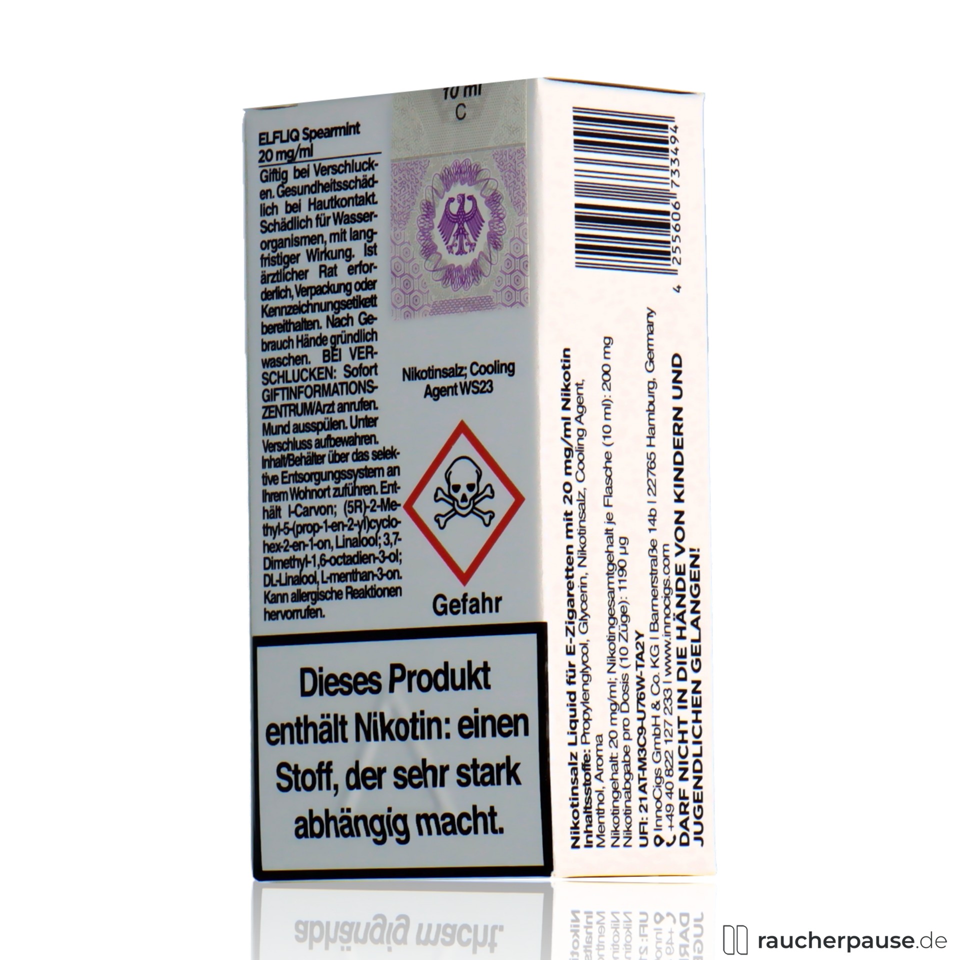 elfbar, elfliq by elf bar nikotinsalz liquid spearmint ml nikotin , packshot hinterseite