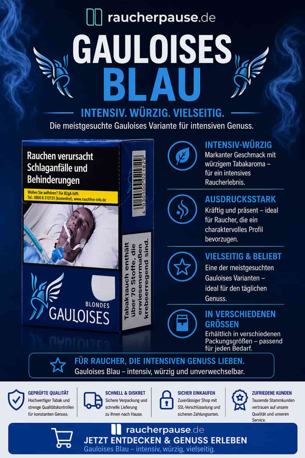 Gauloises Blau Zigaretten kaufen – intensiver und würziger Tabak für erfahrene Raucher