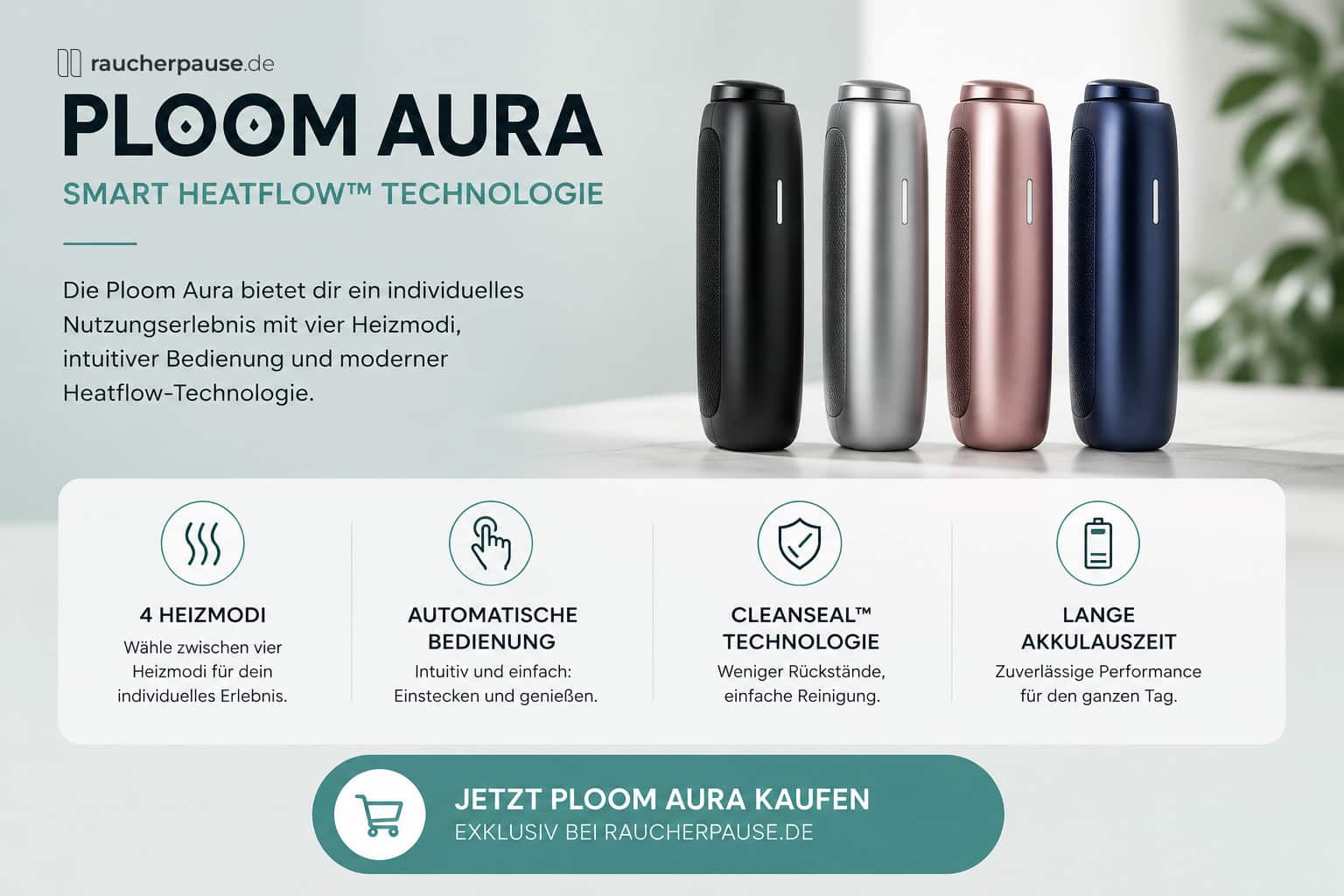 Ploom Aura Tabakerhitzer in verschiedenen Farben mit Heatflow Technologie und Funktionsübersicht
