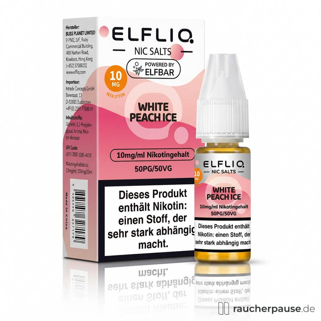 Elfliq by Elfbar White Peach Ice Nikotinsalz Liquid 10ml 10mg/ml in rosa Dose mit silbernem Etikett und weißem Sprühkopf, schwarzes und weißes Logo auf rosa Hintergrund.