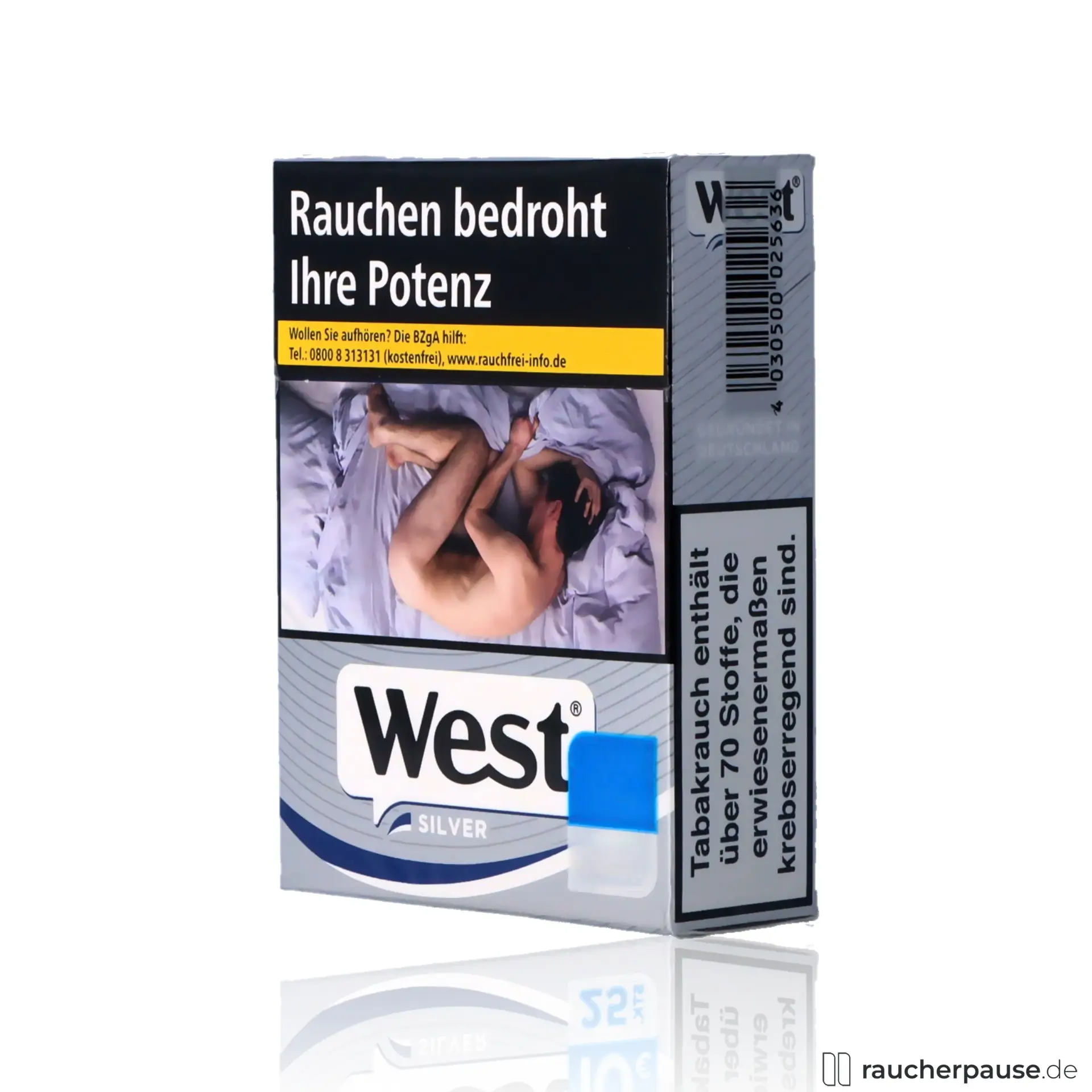 West Silver Zigaretten mit intensivem Geschmack und Filter, 24 Stück pro Packung, in einer weißen Schachtel mit silbernem Logo.
