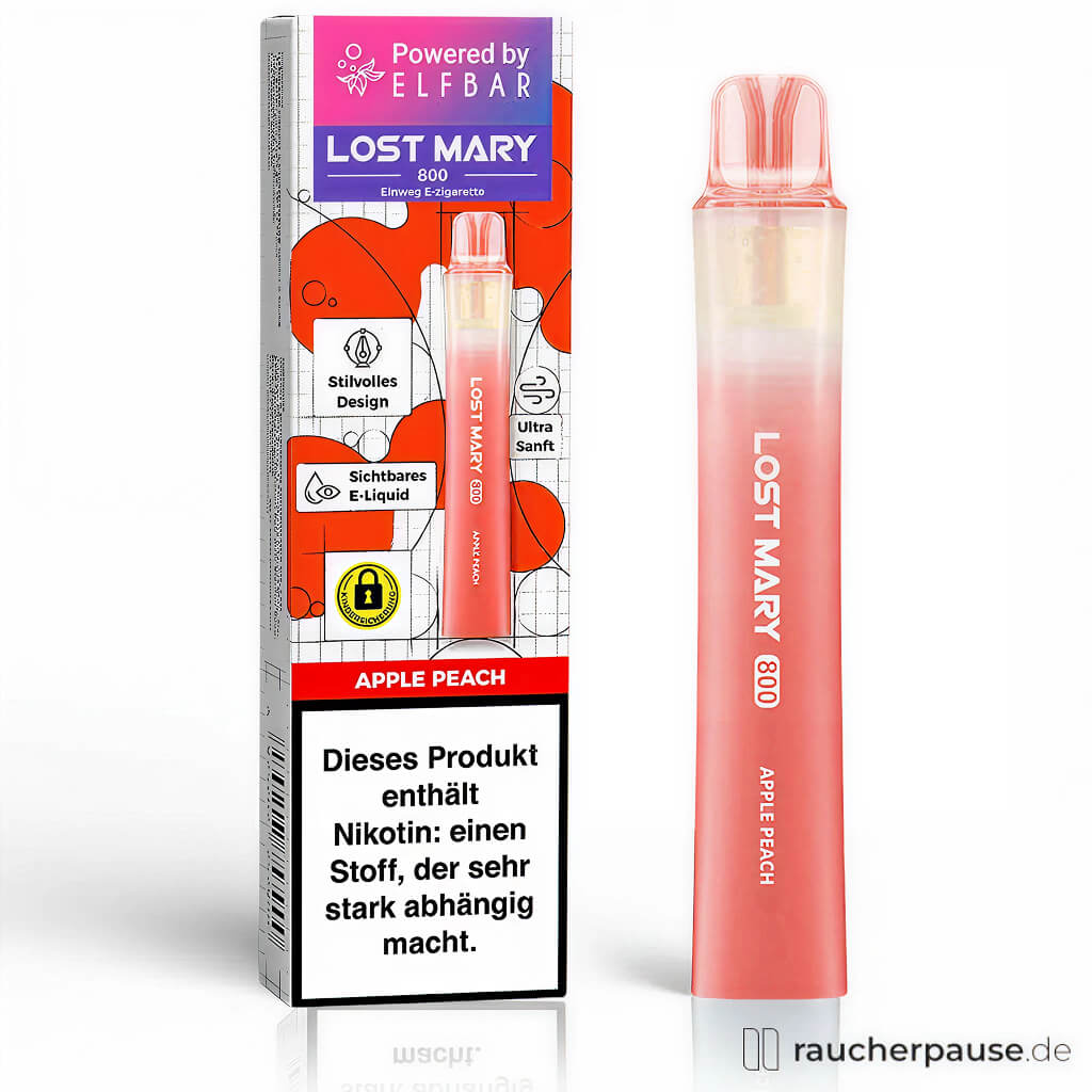 Lost Mary 800 Einweg E-Zigarette von Elfbar in Rot und Weiß mit stilvollem Design und transparenter Flasche, Apple Peach Geschmack, 20 mg/ml Nikotin.