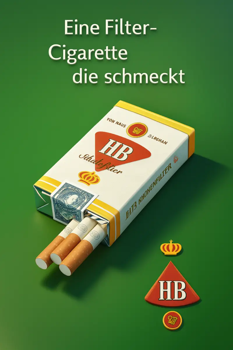 HB Zigarettenpackung mit Filterzigaretten, traditionelles deutsches Geschmacksprofil, Markenlogo und Slogan auf grünem Hintergrund.