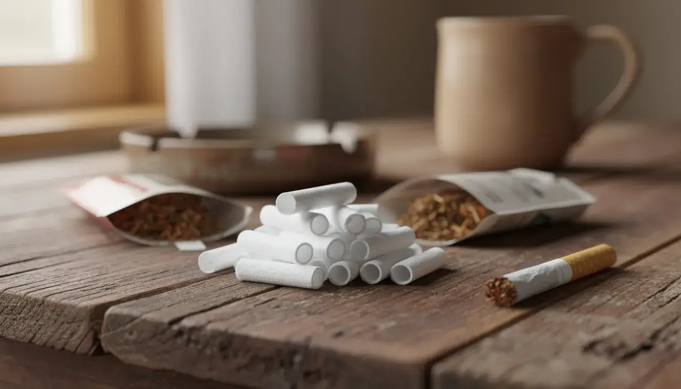 Drehfilter liegen neben Tabak und einer fertig gedrehten Zigarette auf einem Holztisch neben einer Tasse und einem Aschenbecher