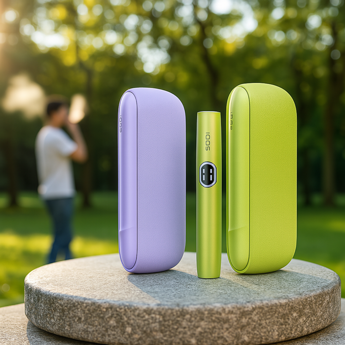 IQOS Iluma i Violet und leafy green auf einer Steinplatte in einem sommerlichen Setting im Park