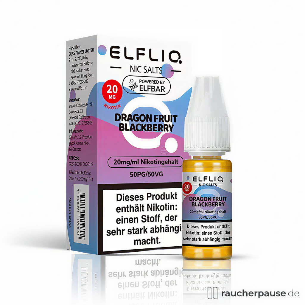 Elfliq by Elfbar Dragon Fruit Blackberry Nikotinsalz Liquid in blau-lila Dose mit stilisiertem Logo und weißem Deckel, 10 ml, 20 mg/ml.