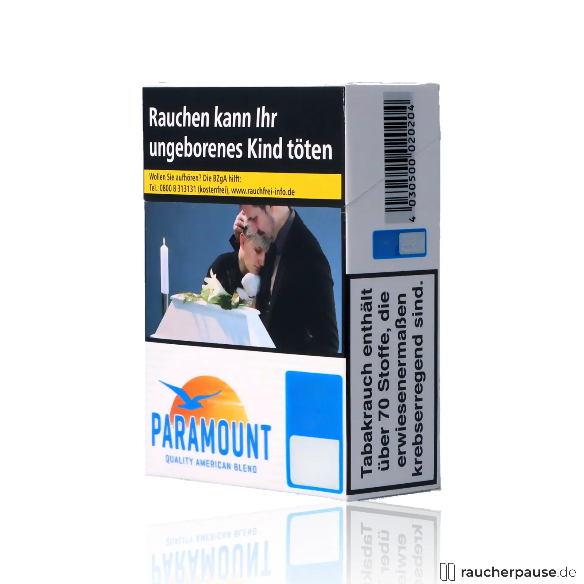 Paramount Blue Zigaretten, 28 Stk. pro Packung, King Size, American Blend in quadratischer blau-weißer Verpackung mit Logo und blauem Vögelnachmittagshimmel.