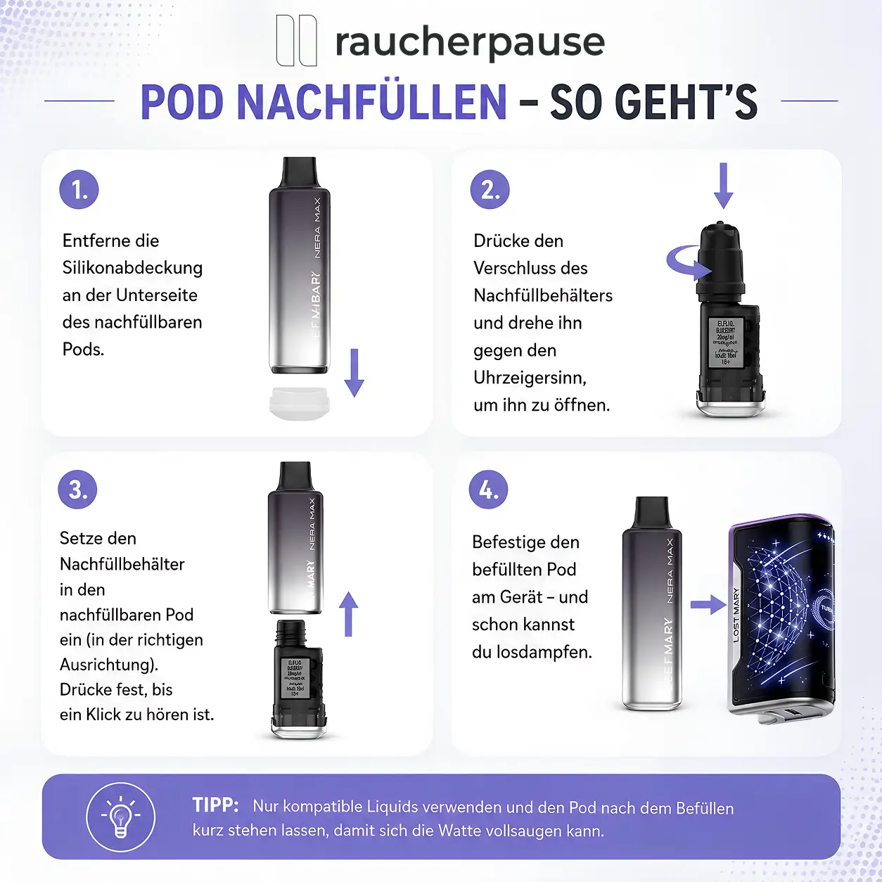 Schritt-für-Schritt-Anleitung zum Nachfüllen und Einsetzen des Lost Mary Nera Max Pods