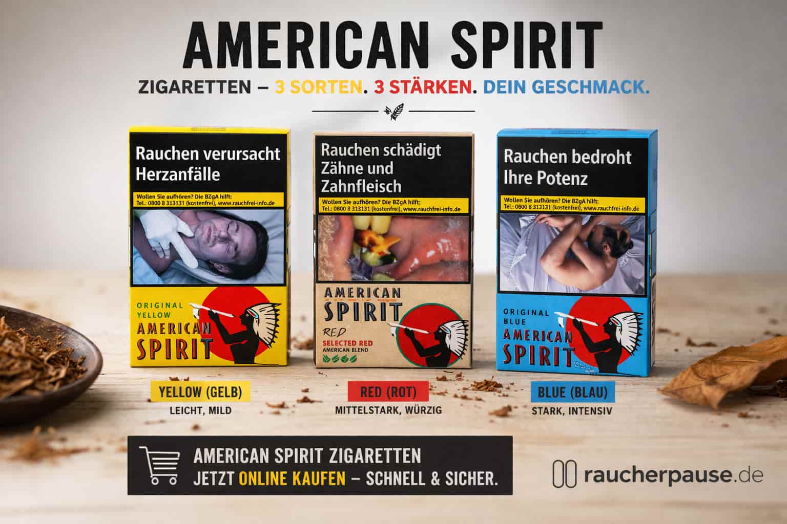American Spirit Zigaretten kaufen – Yellow, Red und Blue Sorten im Überblick