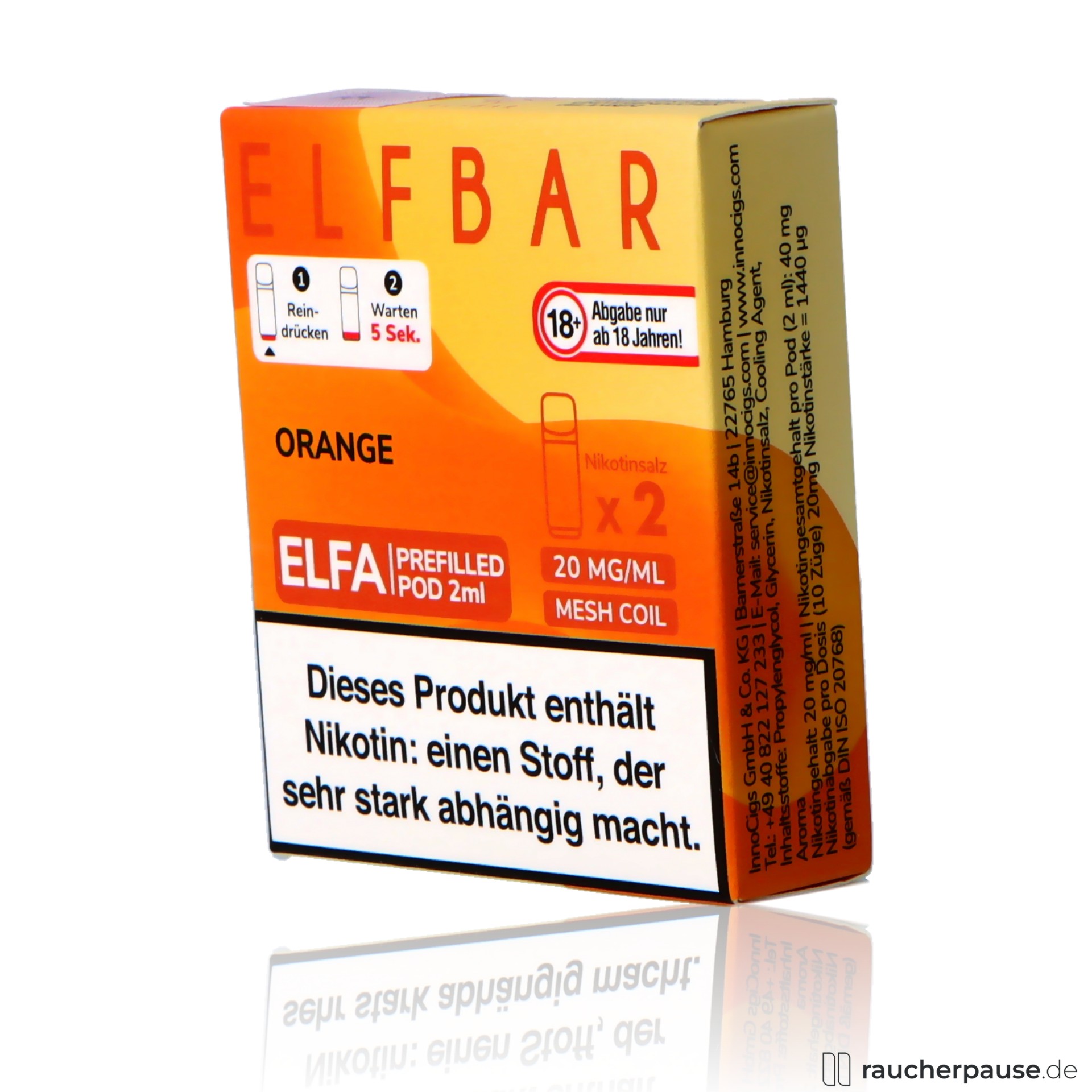 elfbar, elf bar elfa prefilled pods orange ml nikotin, packshot seitlich