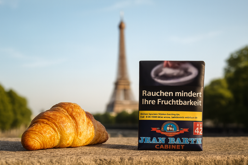 Jean Barth Tabak Pouch auf einer Mauer neben einem Crossaint mit dem Eifelturm im Hintergrund