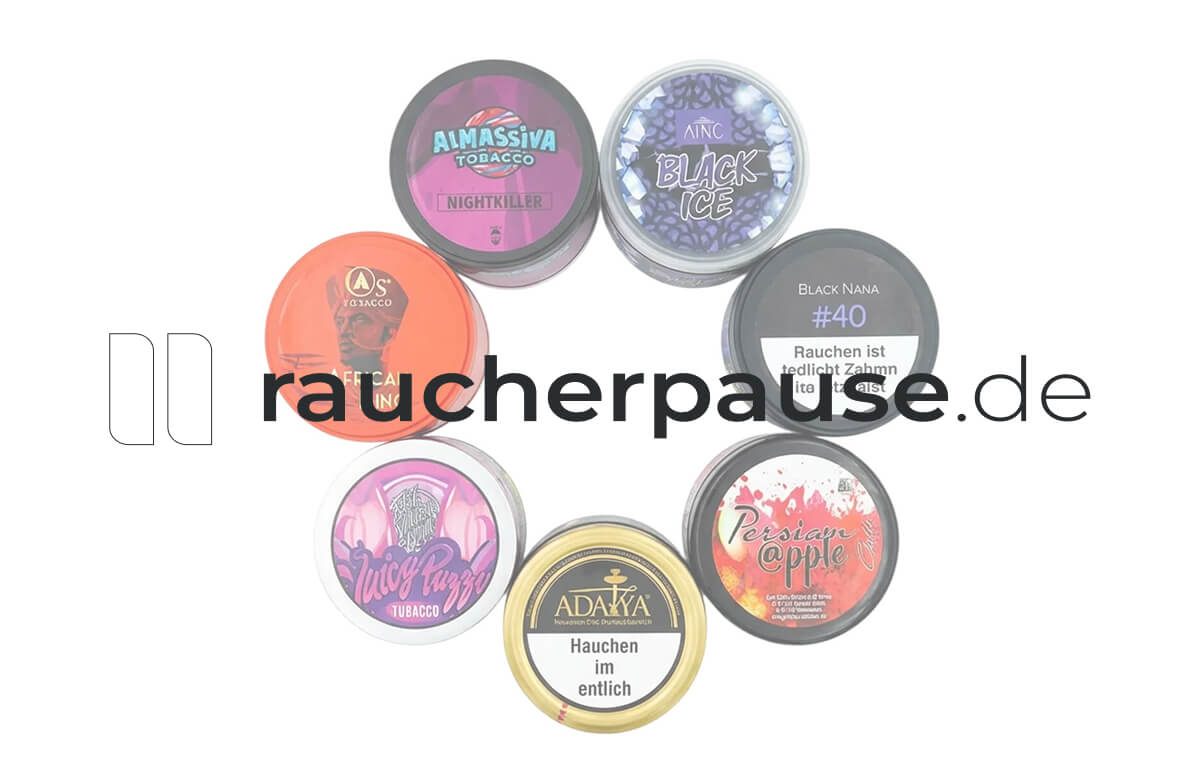 Verschiedenste Shishatabak-Dosen angeordnet auf einem weißen Hintergrund in einer Kreisform