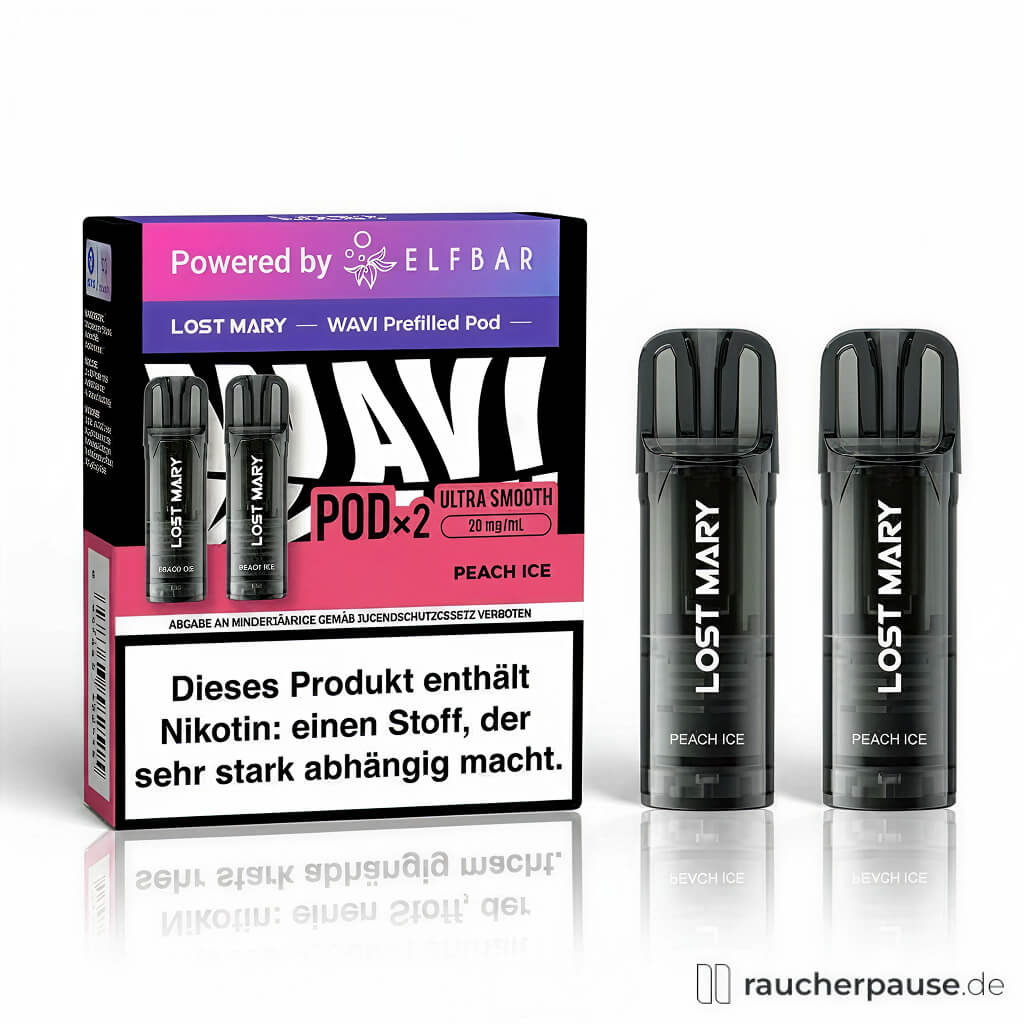 Lost Mary Wavi Pods Peach Ice, 20 mg/ml Nikotin, in einer schmalen, hochformatigen Box mit rotem und lilafarbenem Design und transparenter Vorderseite, versehen mit dem ELF BAR-Logo.