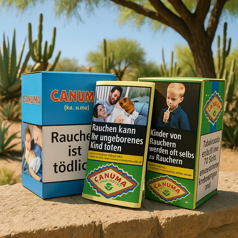 Canuma Tabak Verpackungen mit Warnhinweisen über die Gefahren des Rauchens, präsentiert in einer natürlichen Umgebung mit Kakteen, betont deutsche Qualität und mexikanisches Design.