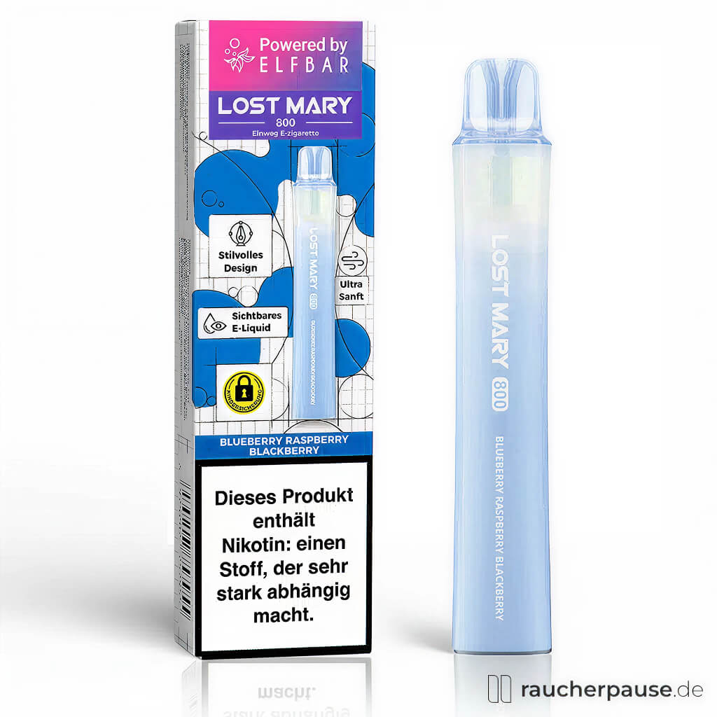 Lost Mary 800 Einweg E-Zigarette von Elfbar in blau-pinkem Design mit lilafarbenem Stift und Geschmack Blueberry Raspberry Blackberry.