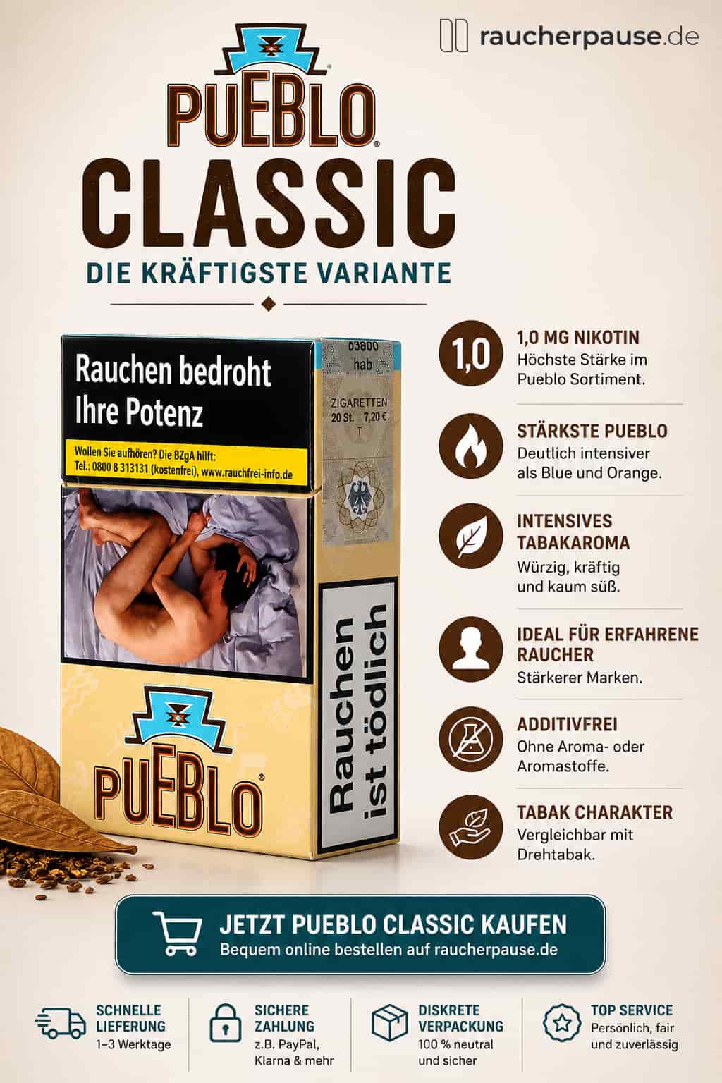 Pueblo Classic Zigaretten kaufen – starke Variante ohne Zusatzstoffe mit intensivem Tabakgeschmack