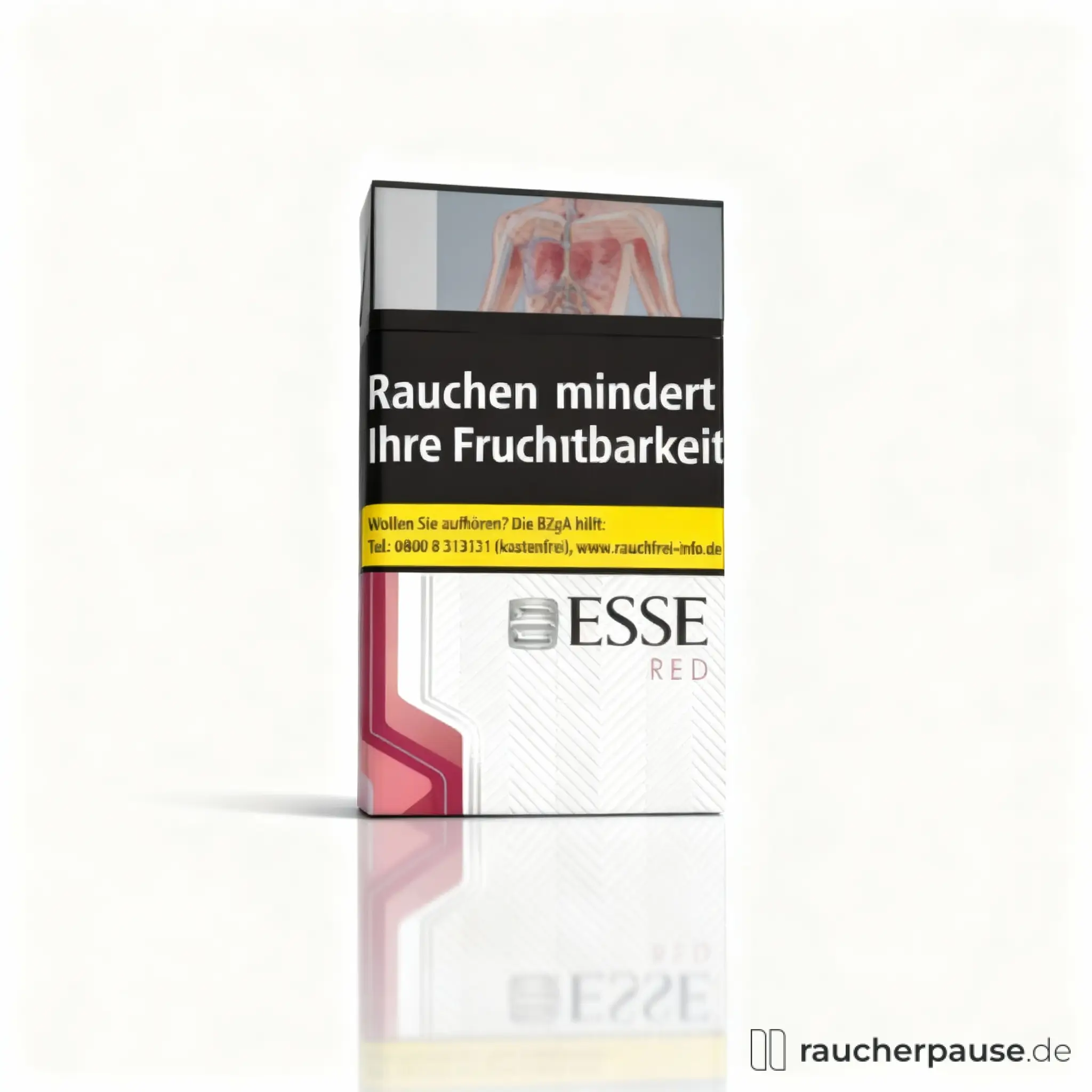 Schwarze ESSE-Zigarettenbox mit gelbem Streifen und anatomischer Grafik unten, rotem Hintergrund und silbernem Logo, quadratisch, glänzend, 20 Esse Red Superslim mit starkem American Blend.