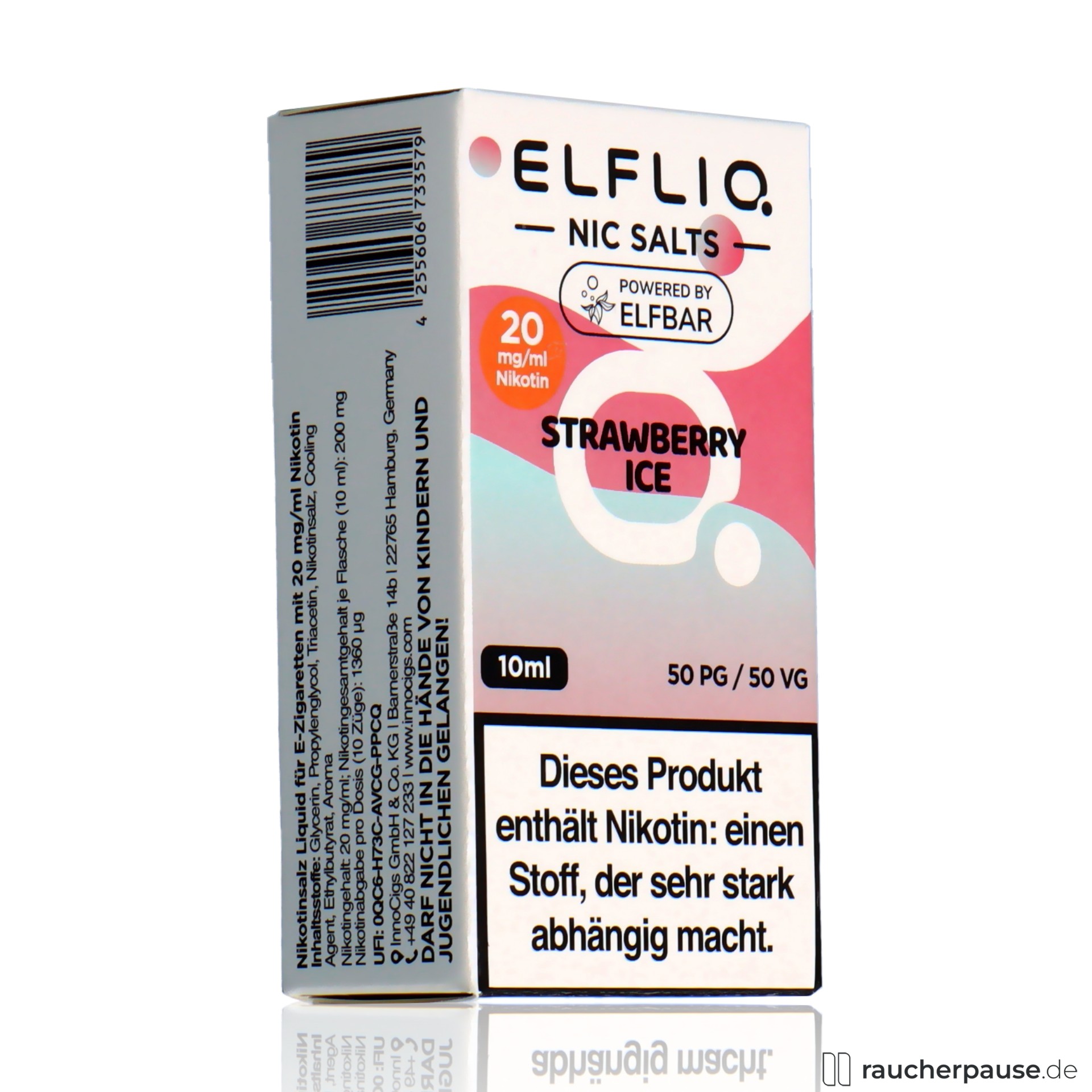 elfbar, elfliq by elf bar nikotinsalz liquid strawberry ice ml nikotin , packshot hinterseite