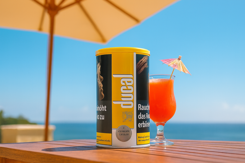Ducal Tabak Dose mit einem tropischen Cocktail in sommerlichem Setting unter einem Sonnenschirm