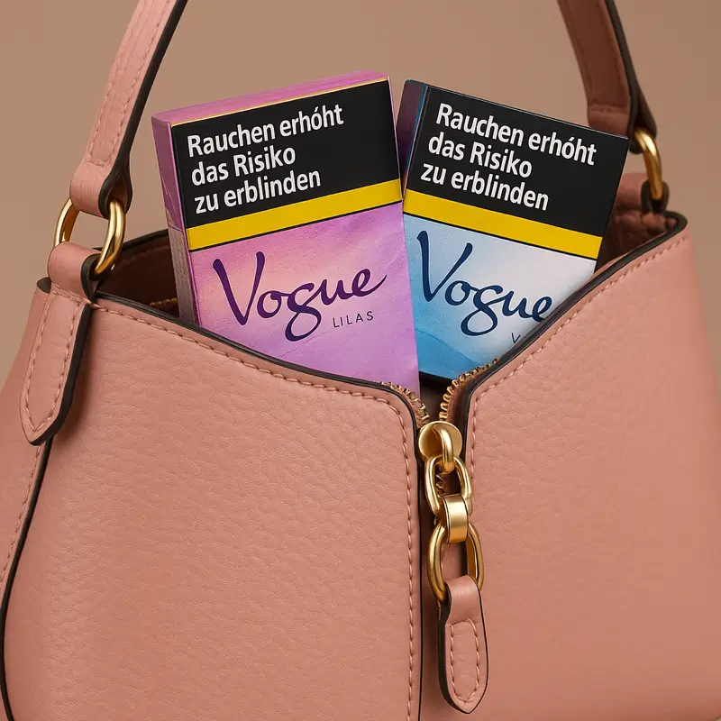 Vogue Zigarettenpackungen in einer rosa Handtasche, mit Sicht auf die elegante Verpackung in Lilatönen und Blau, unterstreicht den stilvollen Lebensstil der Raucher.