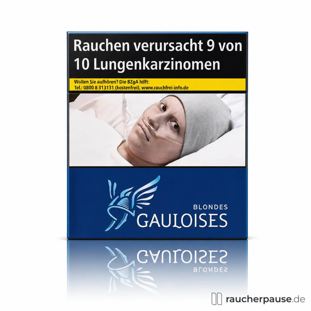 Gauloises Blondes Blau Zigaretten, 28 Stk. pro Packung, in quadratischer blau-schwarzer Verpackung mit blauem Logo und Text auf schwarzem Hintergrund.