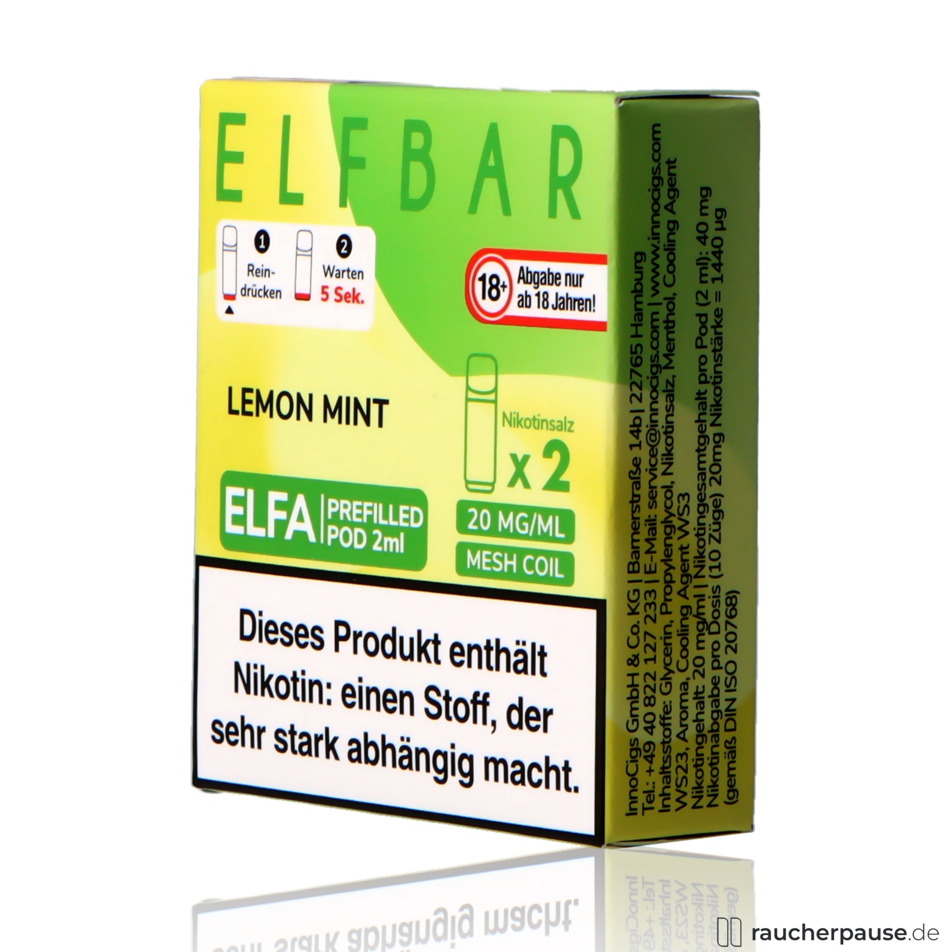 elfbar, elf bar elfa prefilled pods lemon mint ml nikotin , packshot seitlich