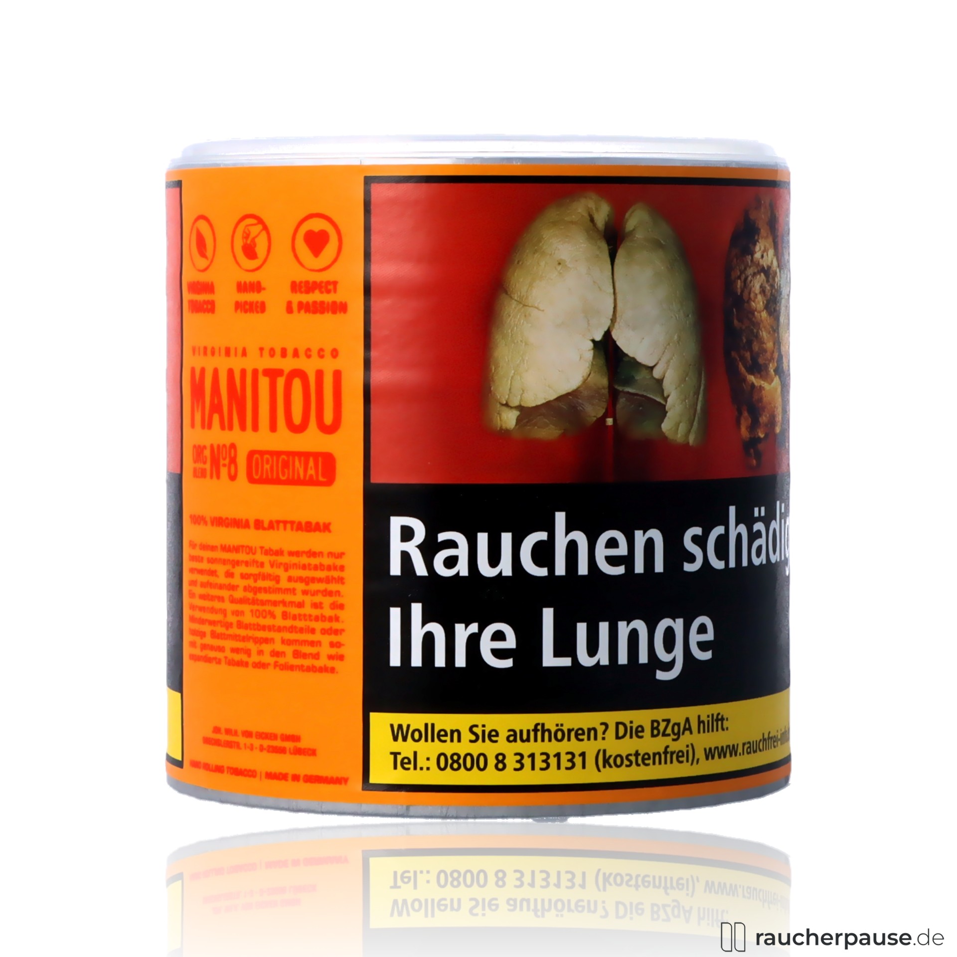 manitou org gold feinschnitt 80g dose virginia orient tabak zusatzstofffrei , packshot hinterseite