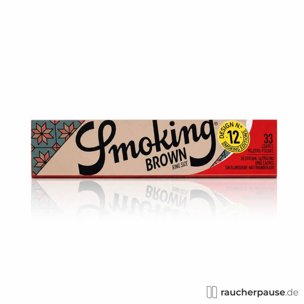 Smoking Brown Creators King Size Zigarettenpapier, 33 Blättchen, in einer roten und braunen Verpackung mit schwarzem Logo auf der Vorderseite und geometrischem Hintergrundmuster.