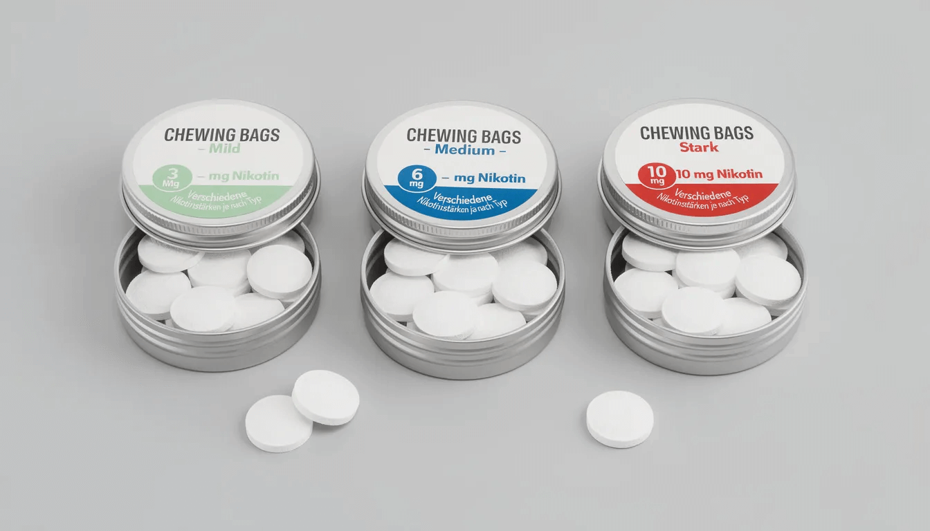 Drei unterschiedliche Dosen mit verschiedenen Nikotinstärken mit Chewing Bags enthalten
