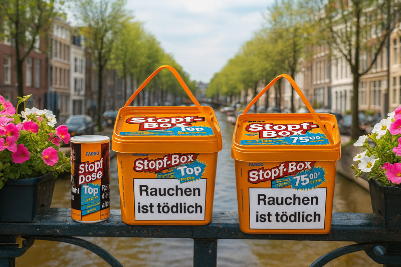 Fargo Stopfbox und Stopfdose in Amsterdam auf einer Gracht mit Blumen daneben