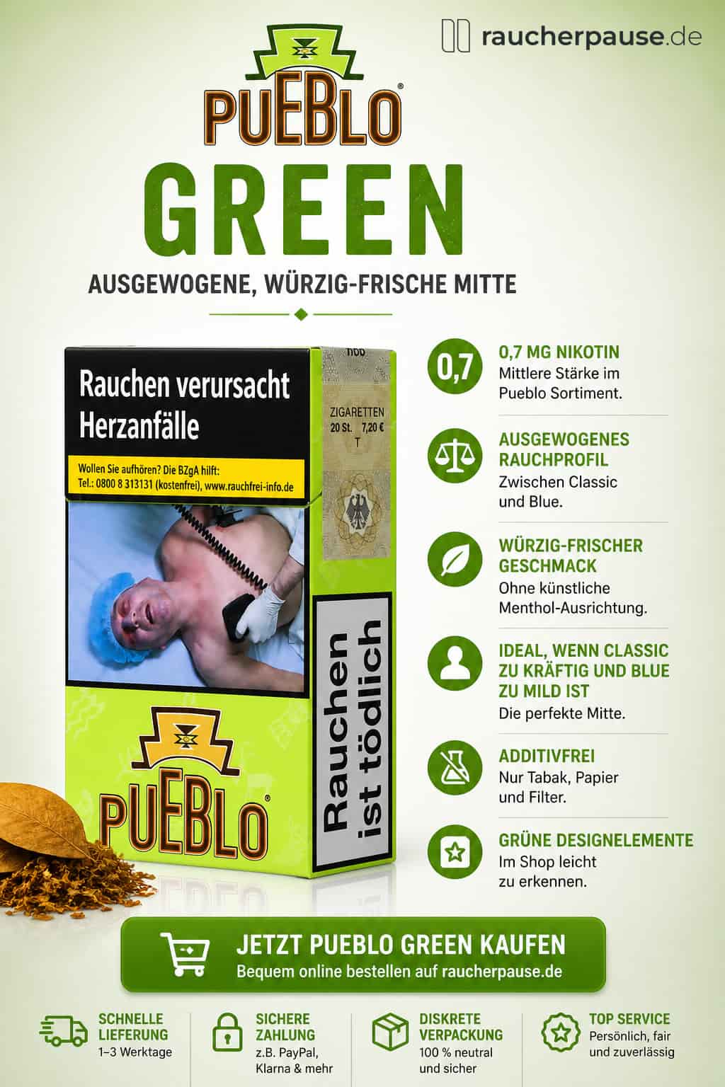 Pueblo Green Zigaretten kaufen – ausgewogene Variante mit würzig-frischem Tabakgeschmack