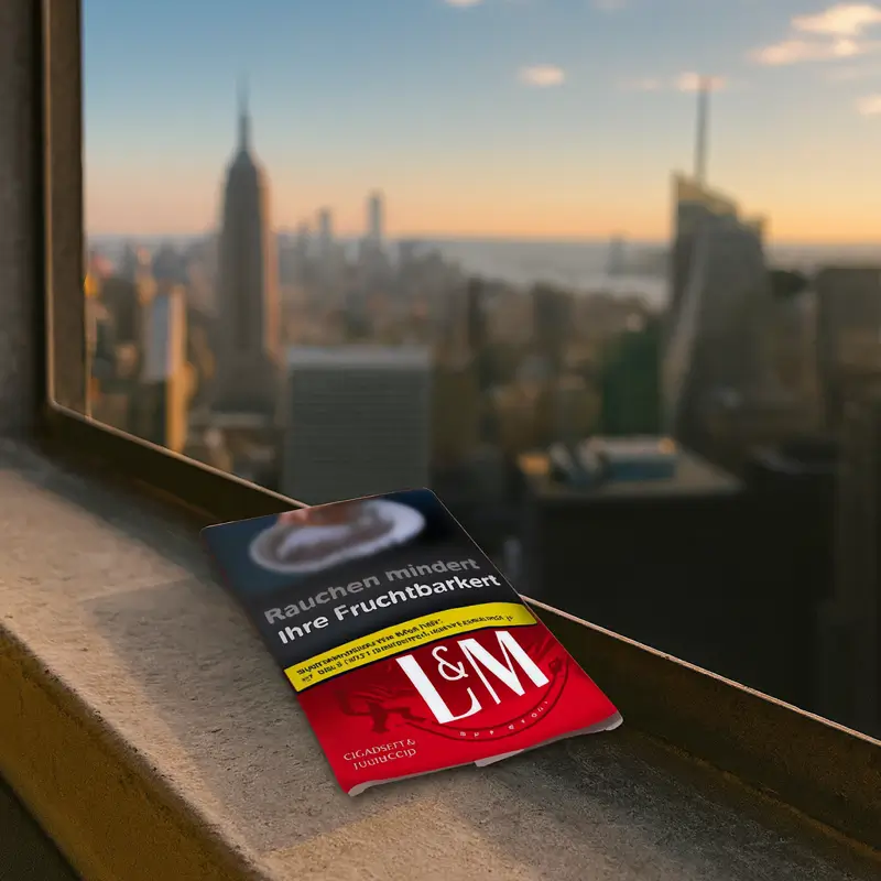 LuM Tabak rot pouch vor der New York Skyline