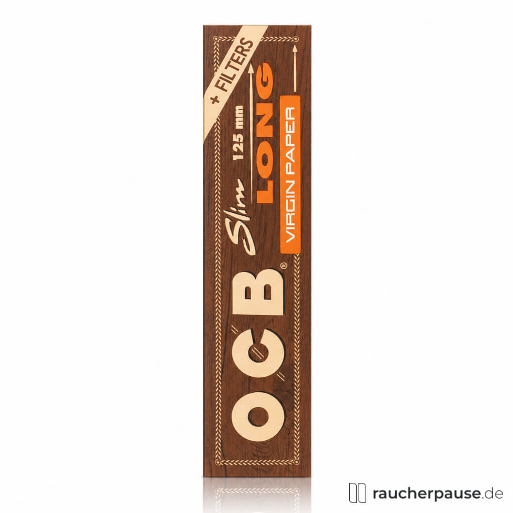 OCB Virgin Unbleached Slim Long Zigarettenpapier mit Tips in einer edlen Holzoptik-Verpackung mit weißen OCB-Logos und hellen Ornamenten.