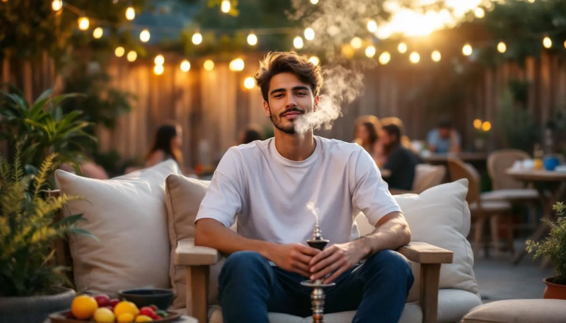 Babos Shisha Tabak wird von einem Mann ca. 27 Jahren alt in einer outside Shishabar geraucht