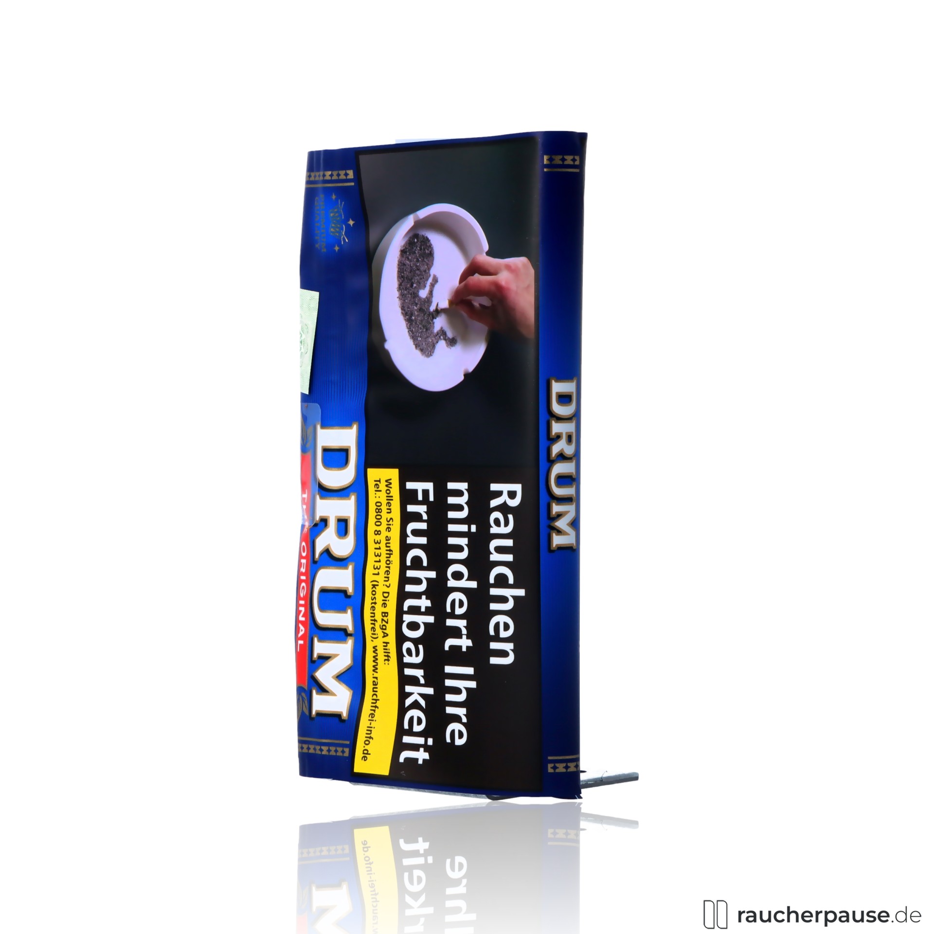 drum original halfzware tabak 30g pouch feinschnitt stark aromatisch , packshot seitlich