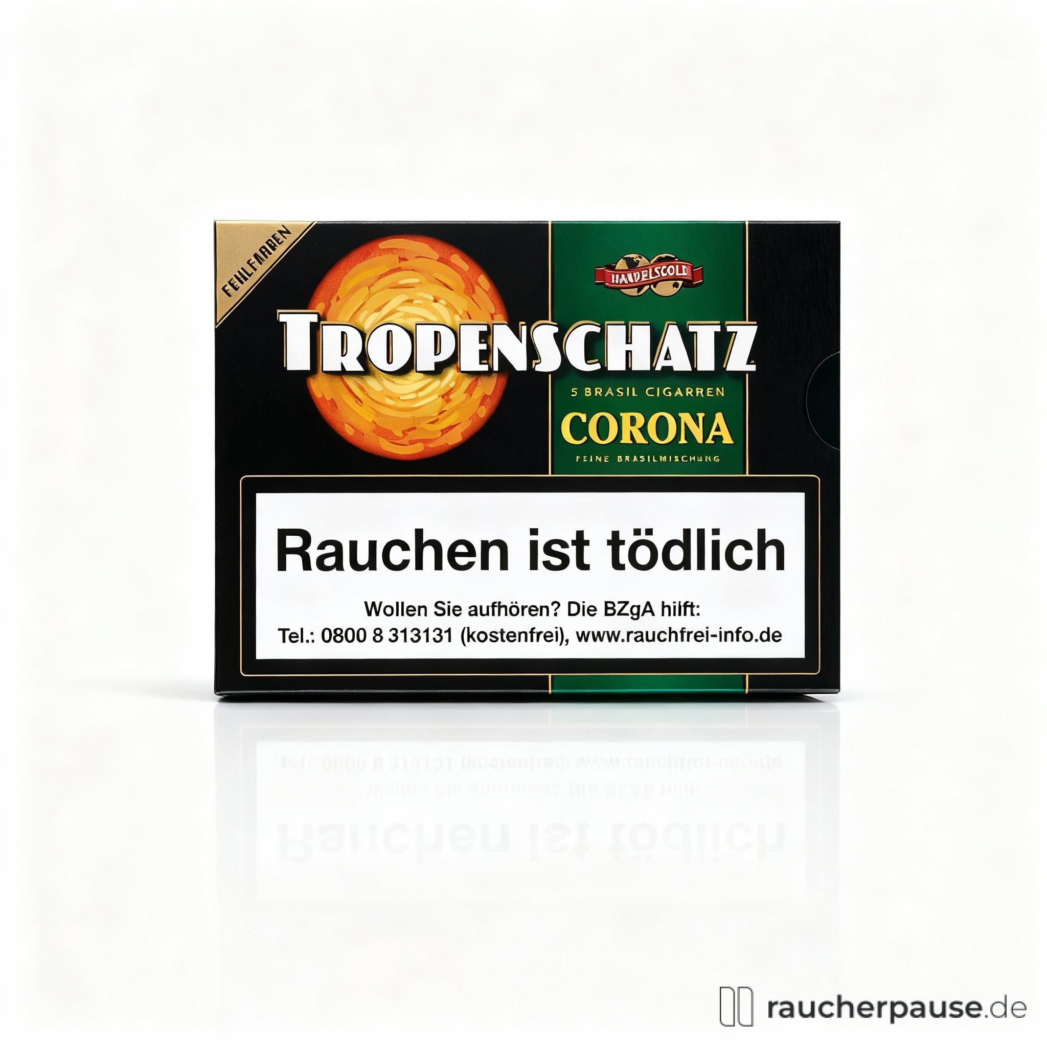 Tropenschatz Corona Fehlfarben 824 F Brasil Zigarren in quadratischer Box mit modernem, auffälligem Logo in grün, rot und schwarz.