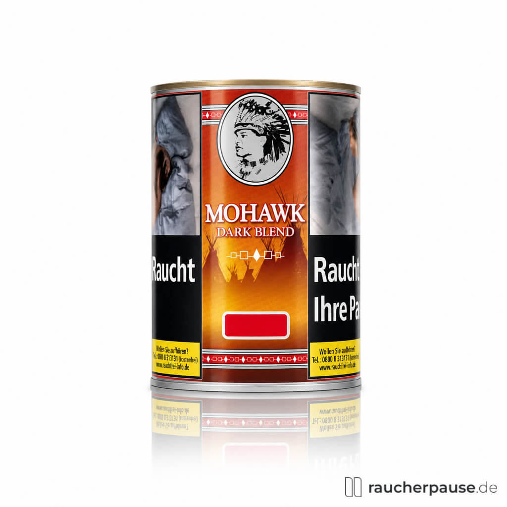 Die 100g Dose Mohawk Dark Blend Feinschnitt in roter und schwarzer Gestaltung mit Logo und Indianer-Motiv im Hintergrund.