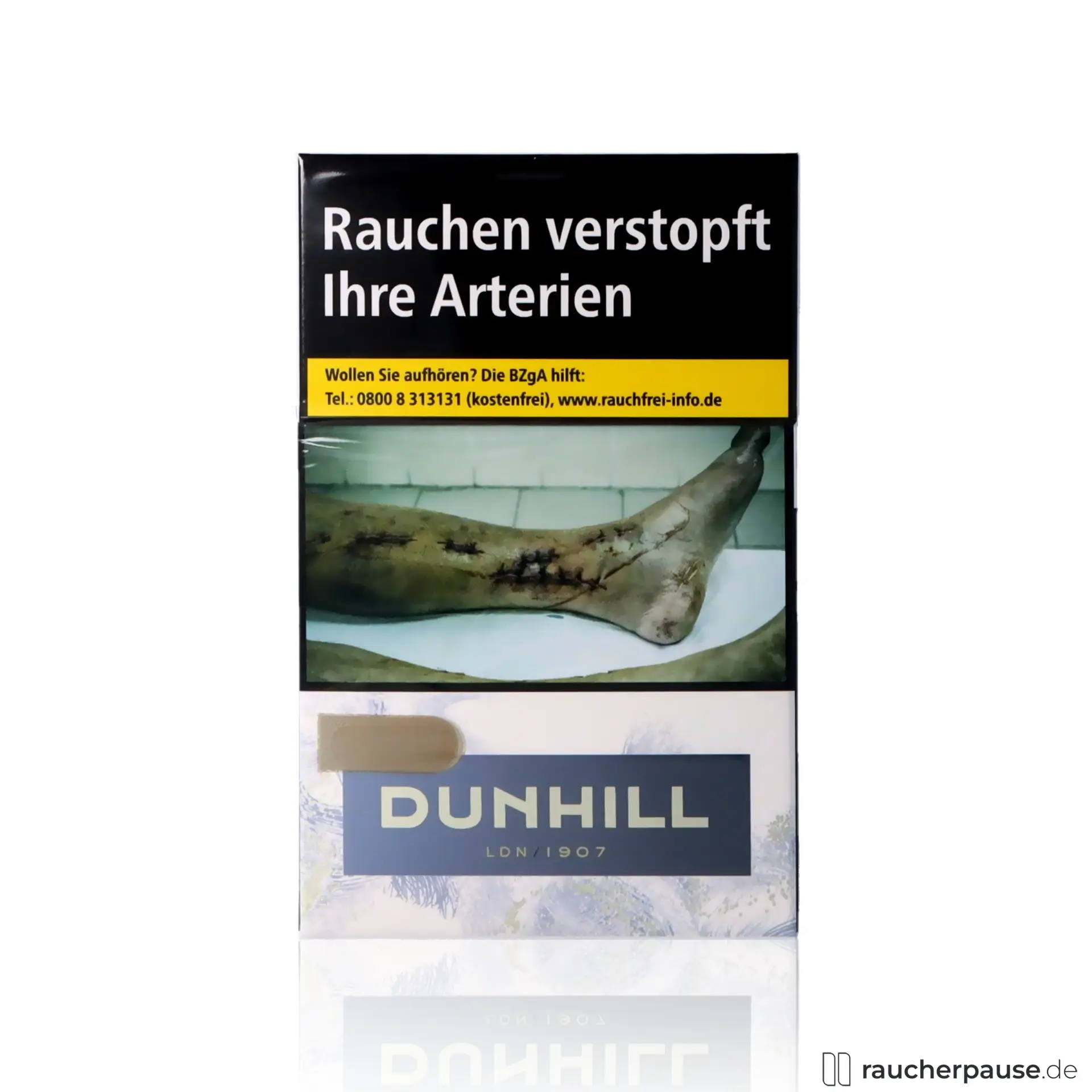 Dunhill White Zigaretten, 20 Stk. pro Packung, King Size, Reloc-Pack für Frische in einer eleganten Dose mit dunklem Hintergrund, hellem Logo und akzentuierten Farben Schwarz, Gelb und Blau.