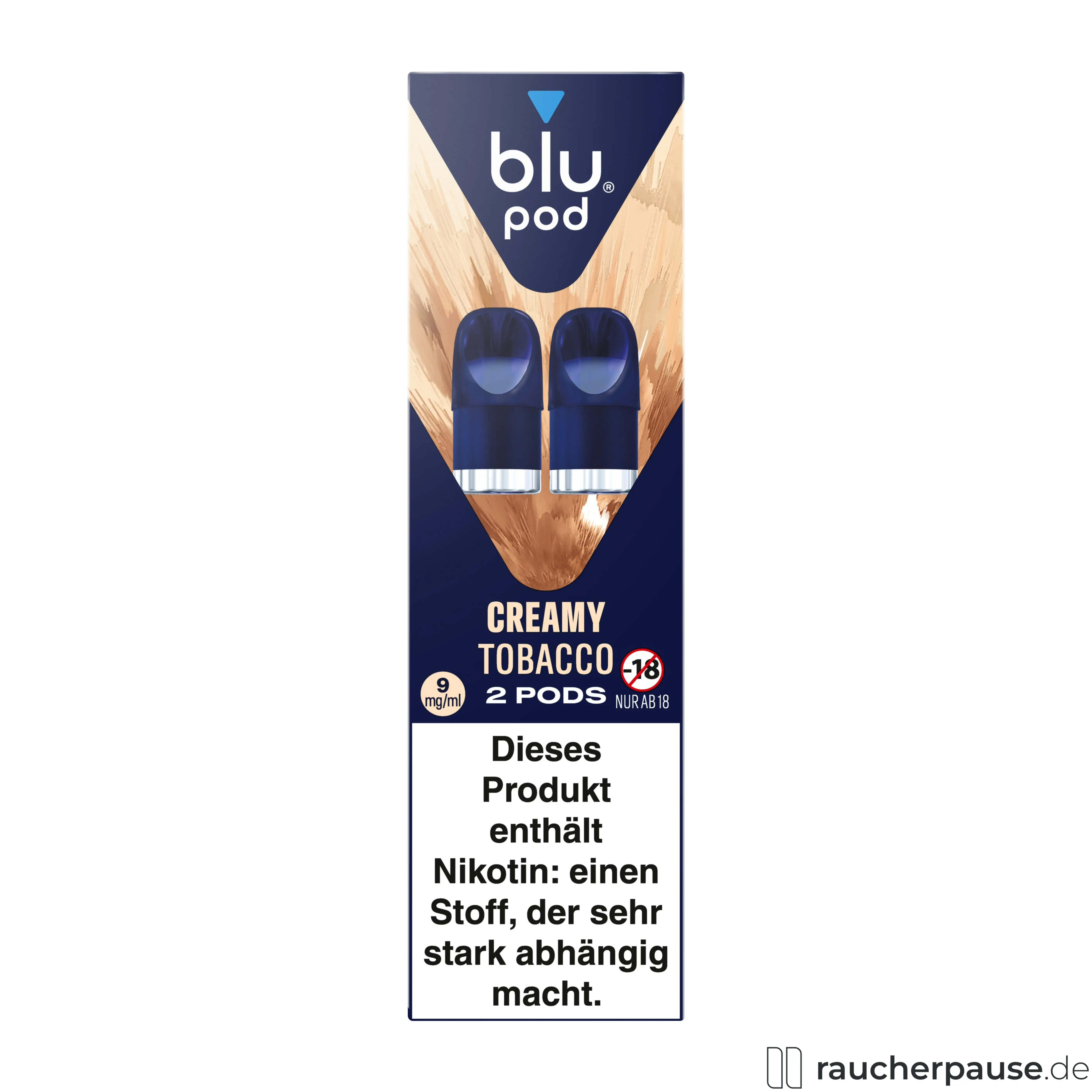 Blu Pod Creamy Tobacco 18mg/ml Nikotin in hochwertiger dunkelblauer Box mit holzähnlichem Muster und weiß-blauem Logo, enthaltend zwei Pods.