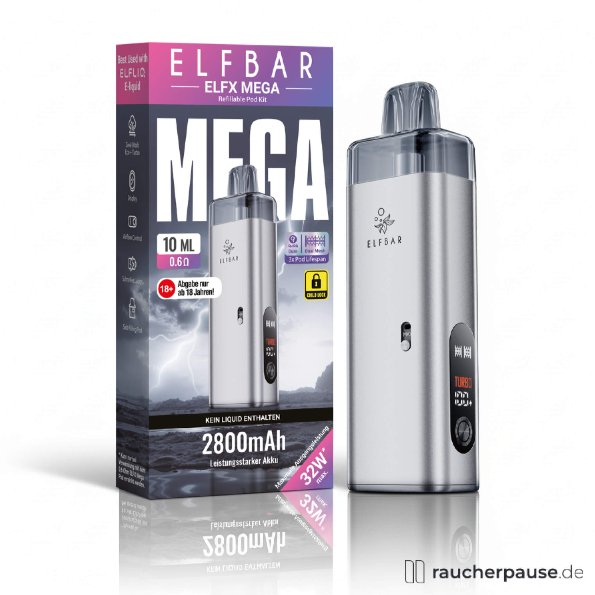 Elfbar ELFX Mega Pod Kit Silber | 2800 mAh | 10 ml | MTL & RDL | Dual Mesh Coil | Turbo & Eco Modus
