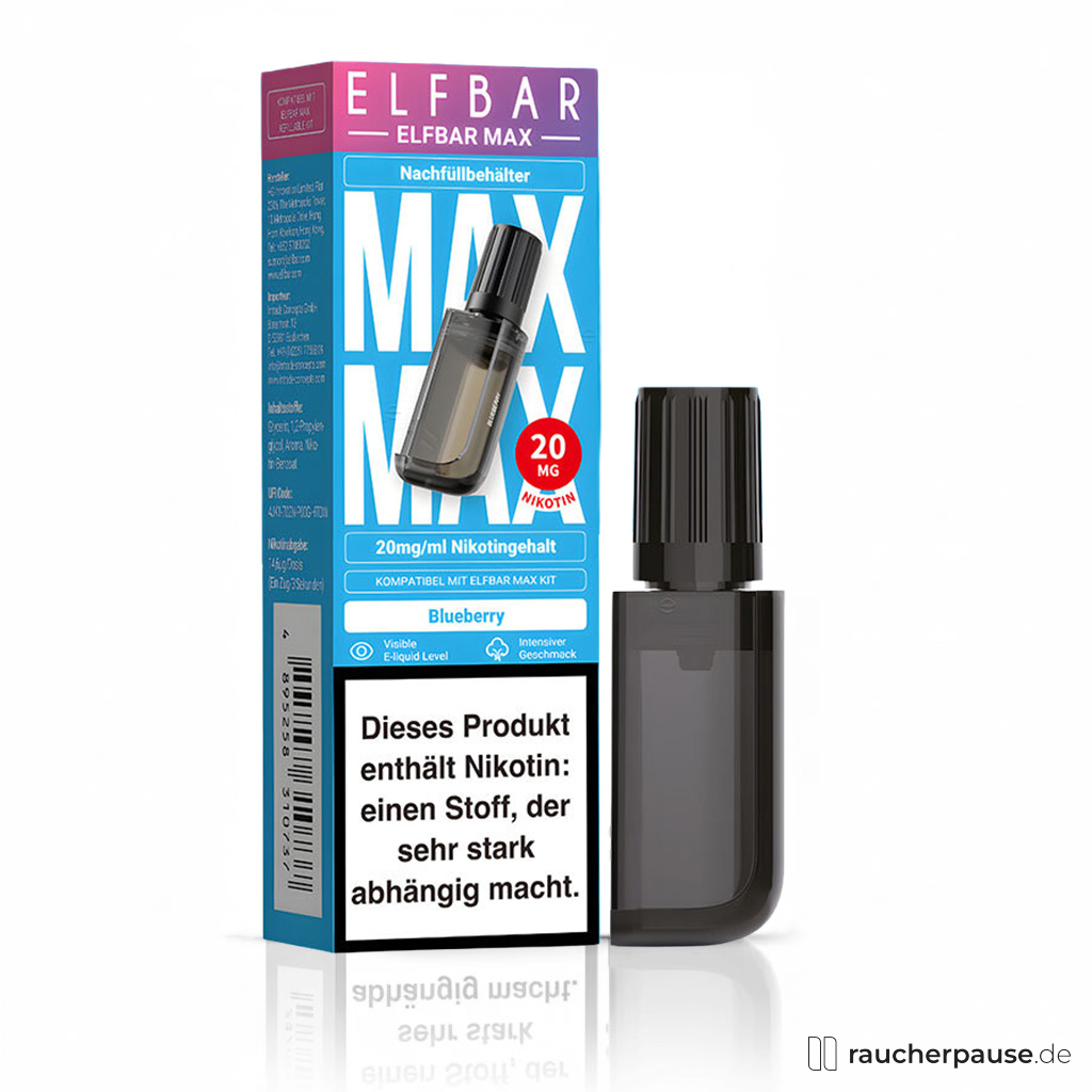 Elfbar MAX Blueberry Pod Tank 10ml 20mg Nikotinsalz Einweg-Nachfüllbehälter in blau-rosa Verpackung mit schwarzem Behälter und schraubförmiger Kappe.